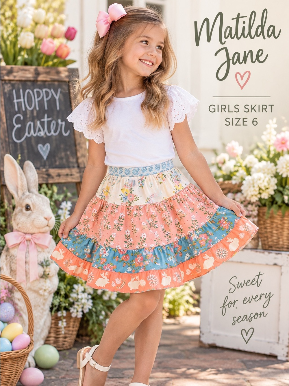 Matilda Jane No. 6 Patchwork Floral Bunny Twirl Skirt Girls Size 6